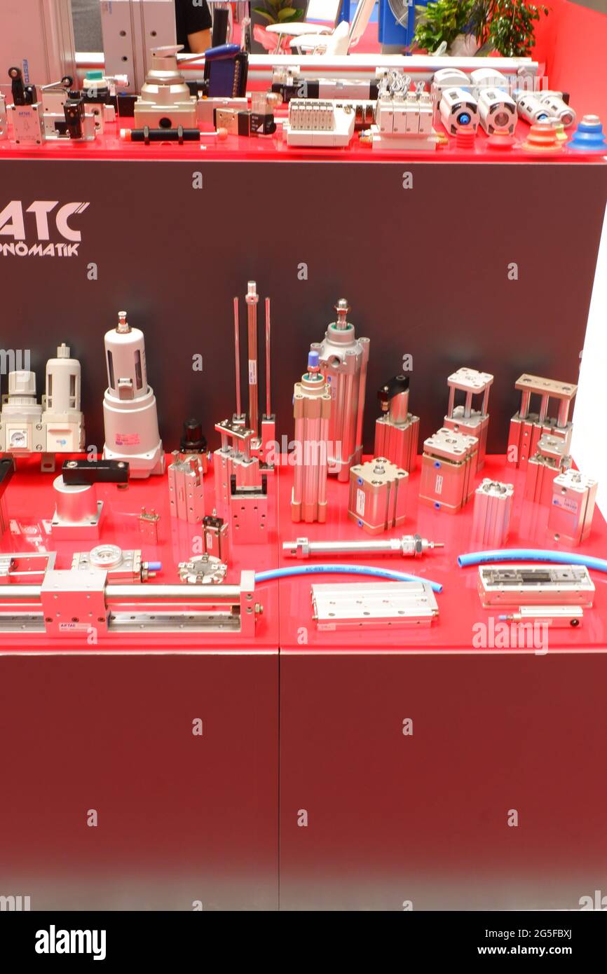 Pneumatic machine components at exhibition Stock Photo