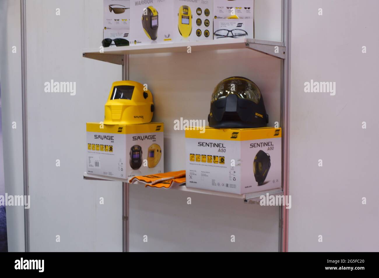 Sentinel A50 protective helmet and boxes on shelf for exhibition Stock Photo