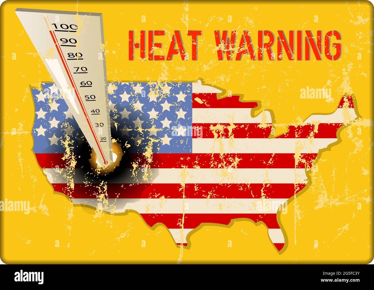 Vintage grungy heat warning sign, heatwave due to climate change in the USA, vector illustration Stock Vector