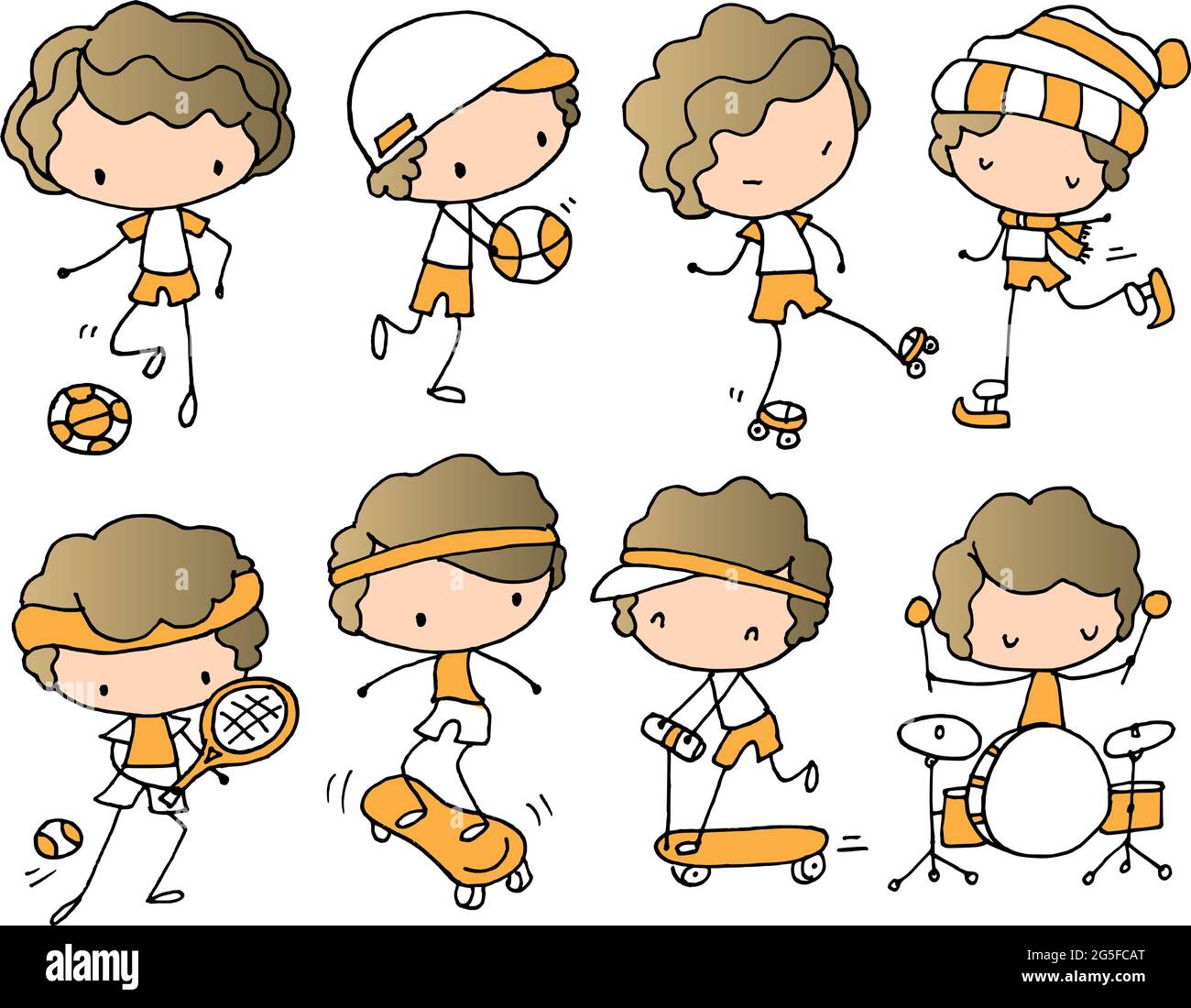 Vector illustration cartoon boy playing musical instruments, pulley, tennis, basketball, football, skating, scooter series border frame card background Stock Photo