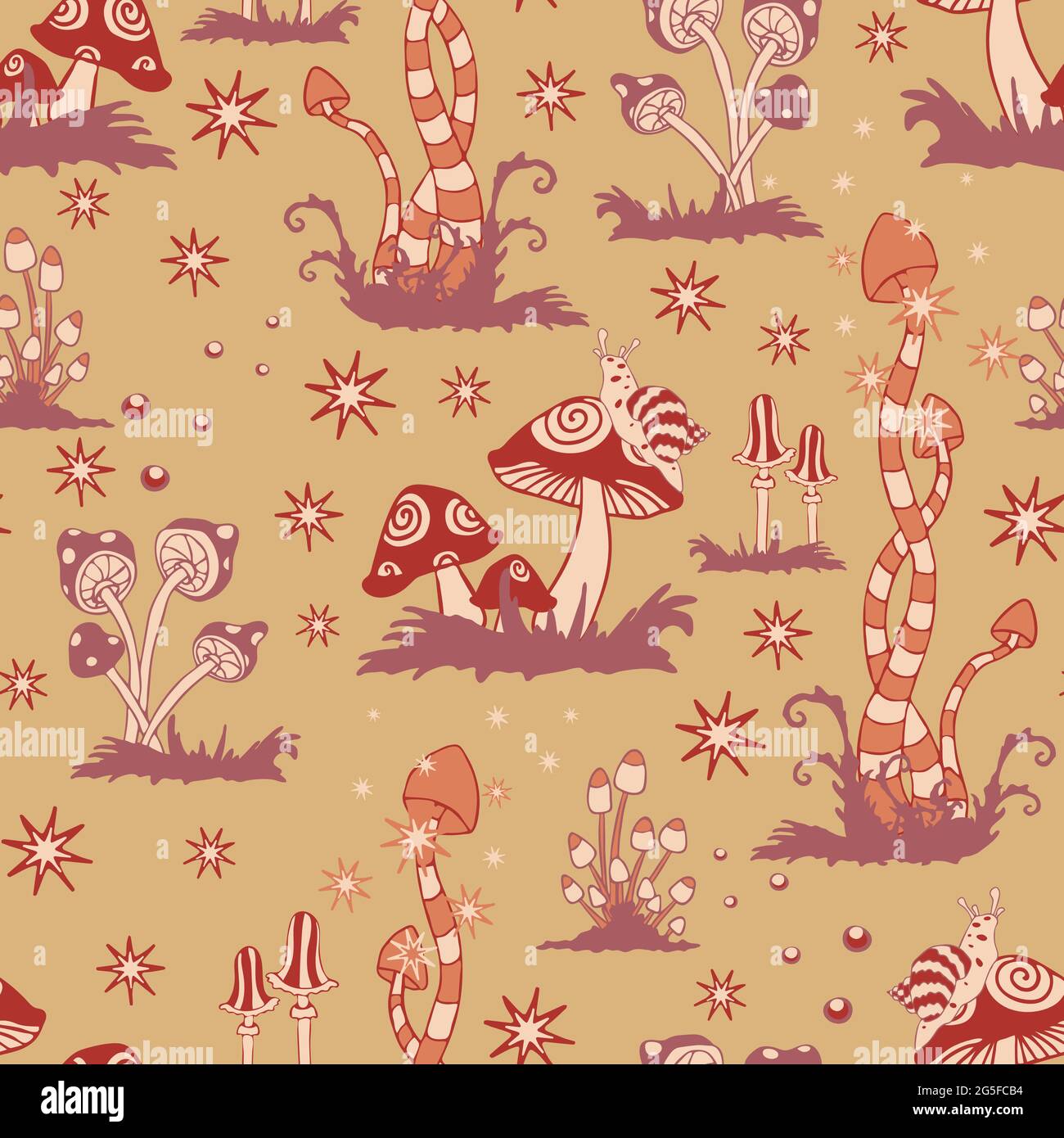 Seamless vector pattern with red mushrooms on pink background. Fantasy landscape wallpaper design. Ethnic fashion textile. Stock Vector