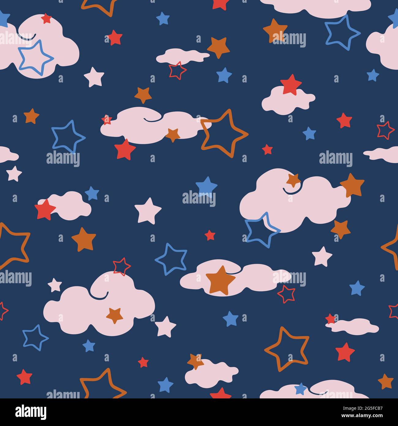Seamless vector pattern with stars and clouds on blue background ...