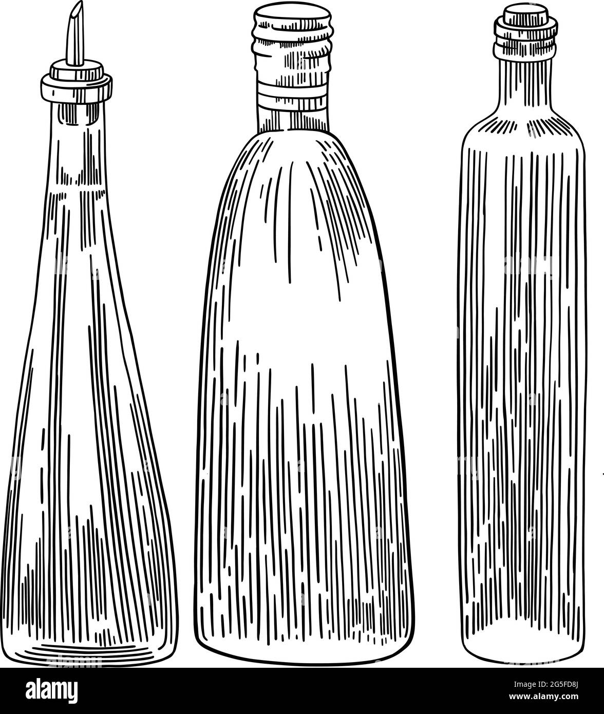 Glass bottles in hand drawn ink style, engraving isolated on white