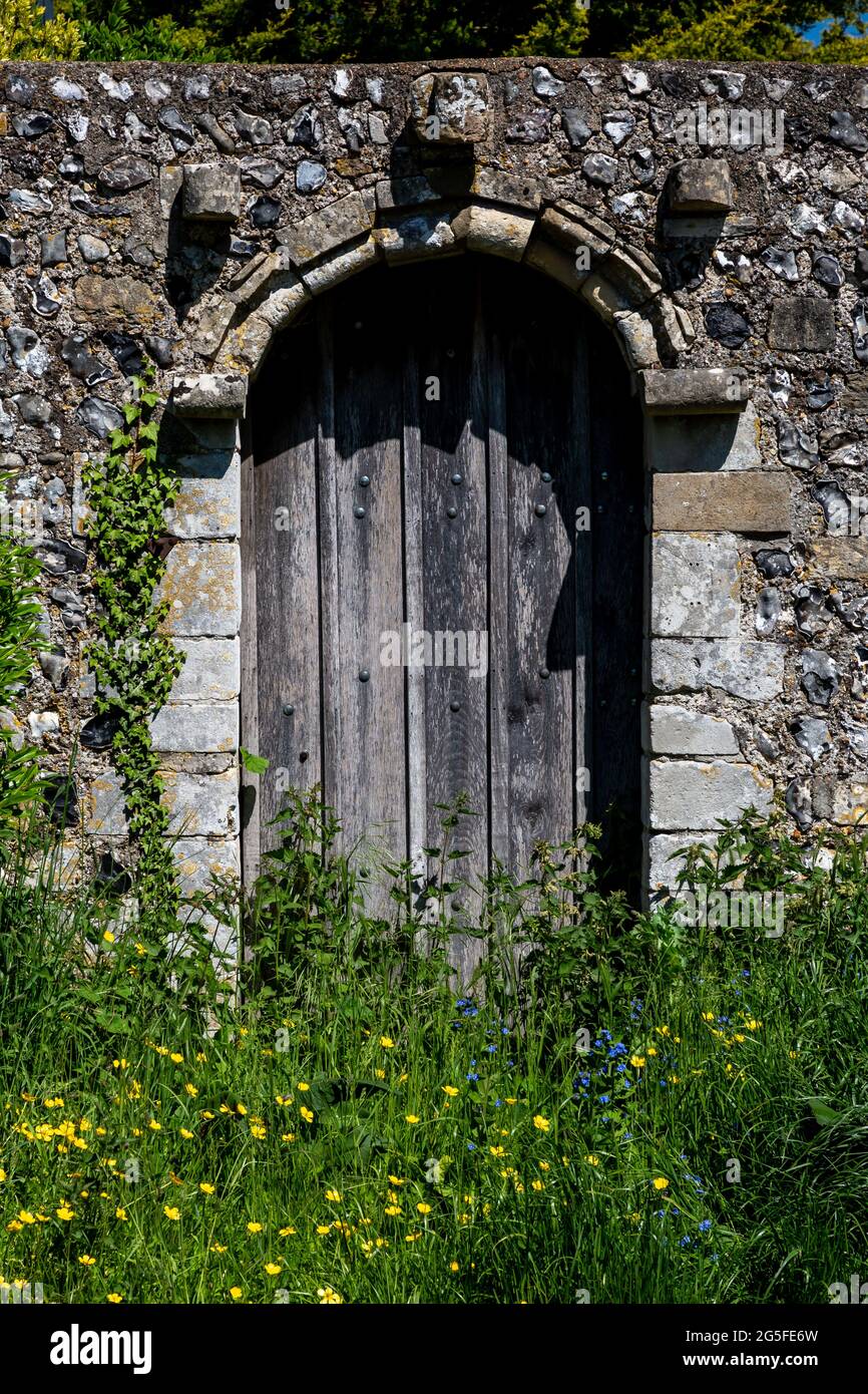 An old wooden door and stone wall with wildflowers growing in front ...