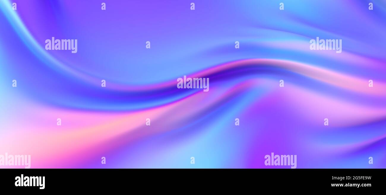 Iridescent chrome wavy gradient cloth fabric abstract background, ultraviolet holographic foil texture, liquid surface, ripples, metallic reflection. Stock Photo