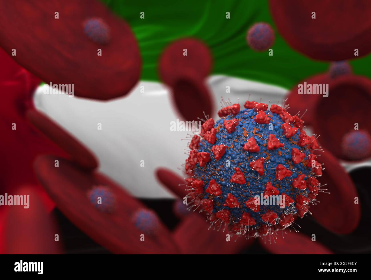 Virus and blood cells against flag of United Arab Emirates. viral ...