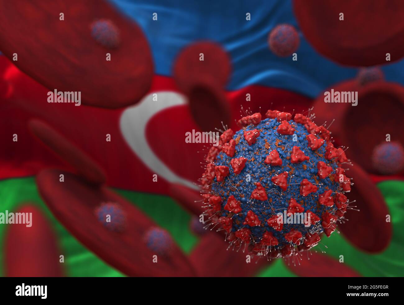 Virus and blood cells against flag of Azerbaijan. 3d illustration. viral infection causing chronic disease. Hepatitis viruses, influenza virus H1N1, C Stock Photo