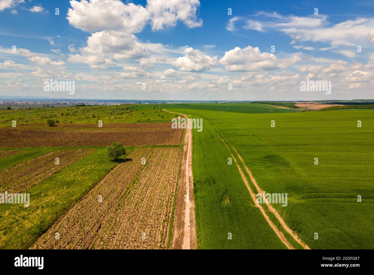 Aerial landscape view of green cultivated agricultural fields with ...