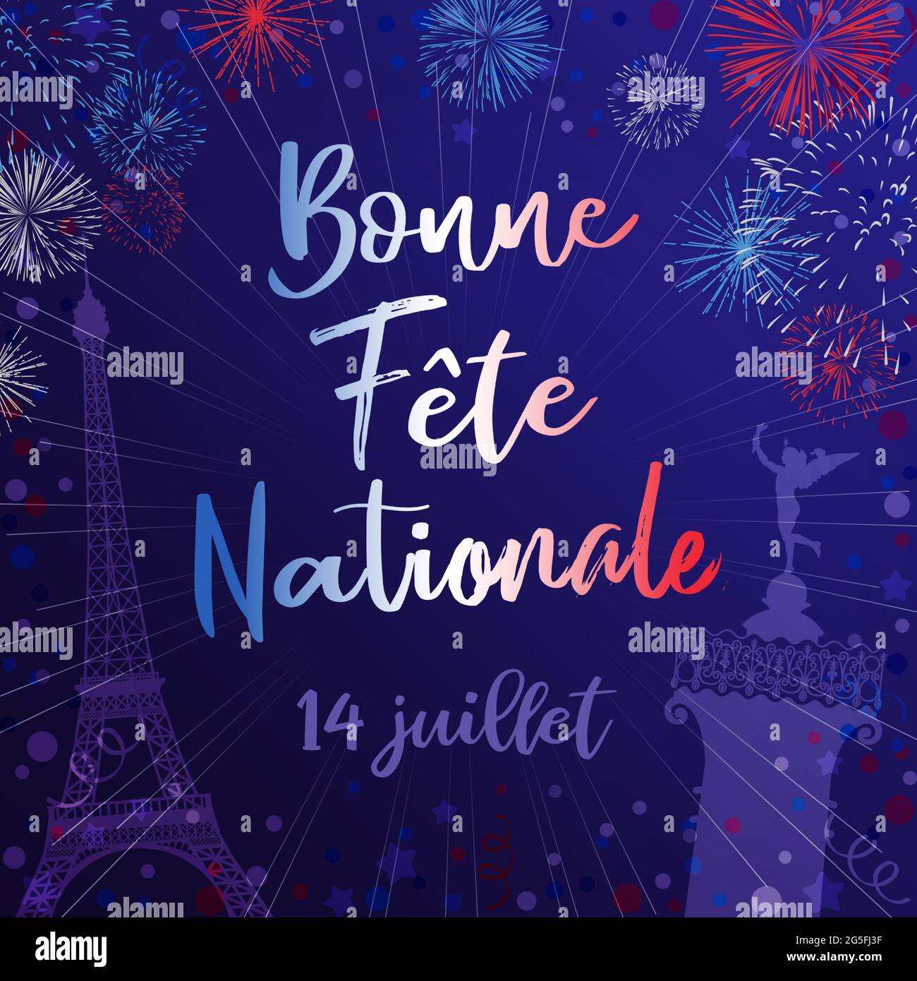 State holiday in France congrats. French calligraphic lettering Bonne Fete Nationale, translation Happy National Day. 14th of July handwritten inscrip Stock Vector