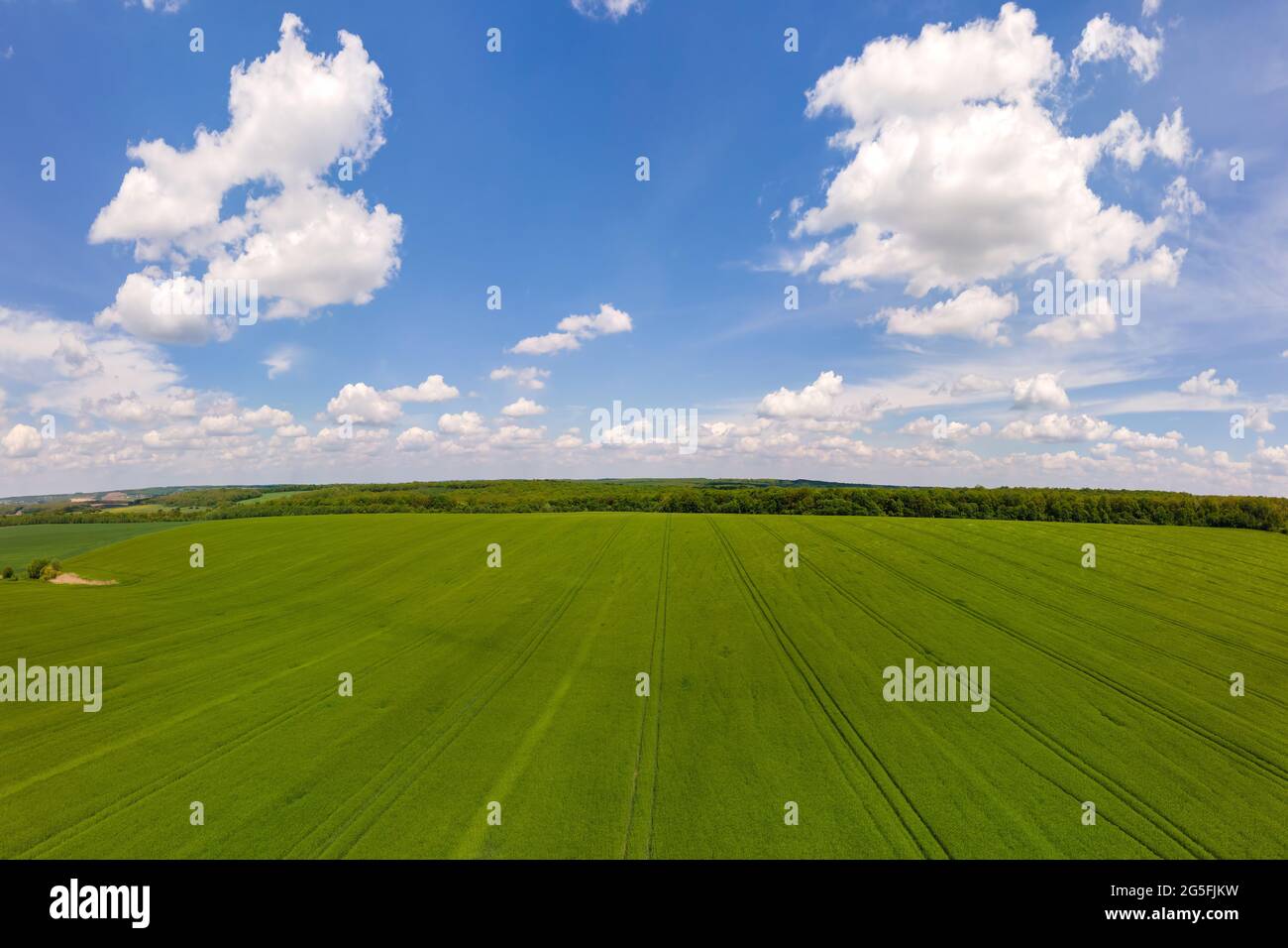 Aerial landscape view of green cultivated agricultural fields with ...