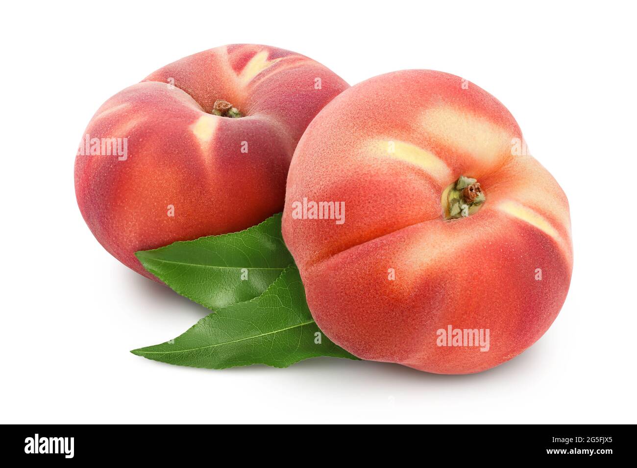 Ripe chinese flat peach fruit with leaf isolated on white background with clipping path and full depth of field Stock Photo
