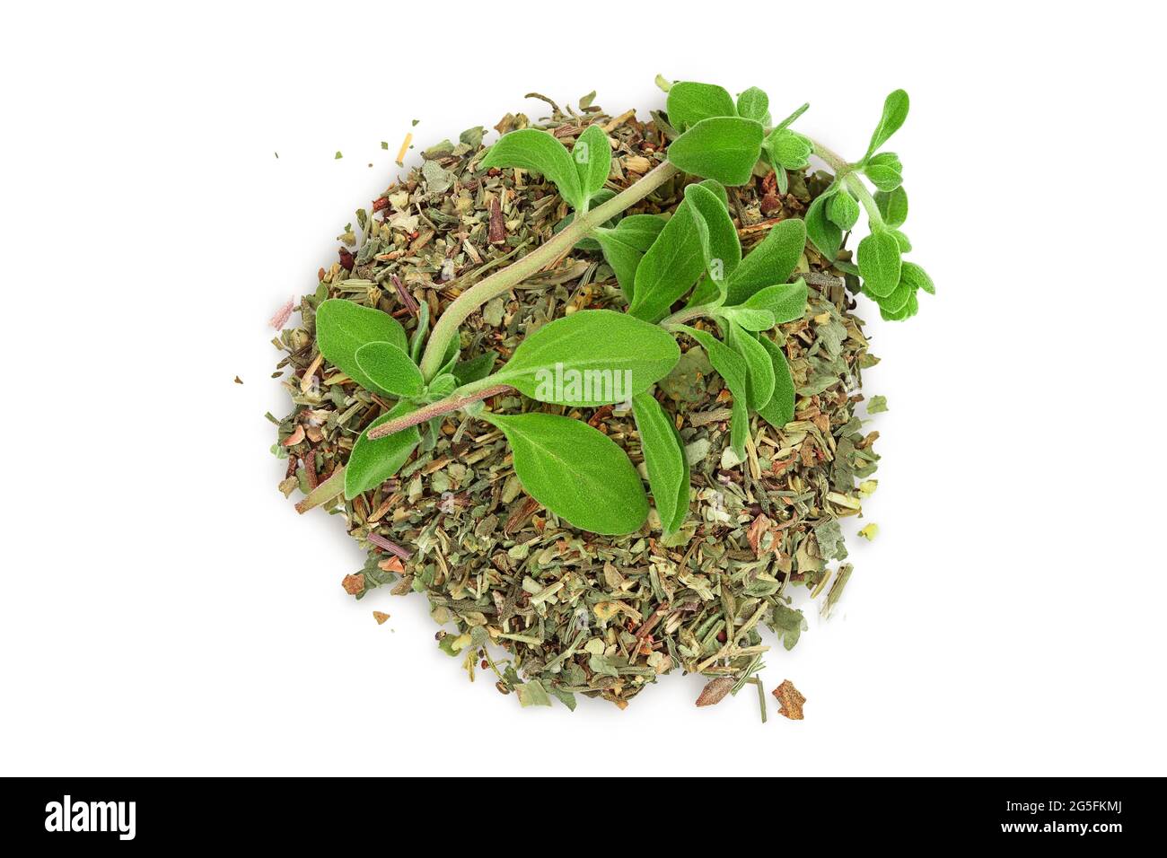Oregano or marjoram leaves fresh and dry isolated on white background with clipping path. Top