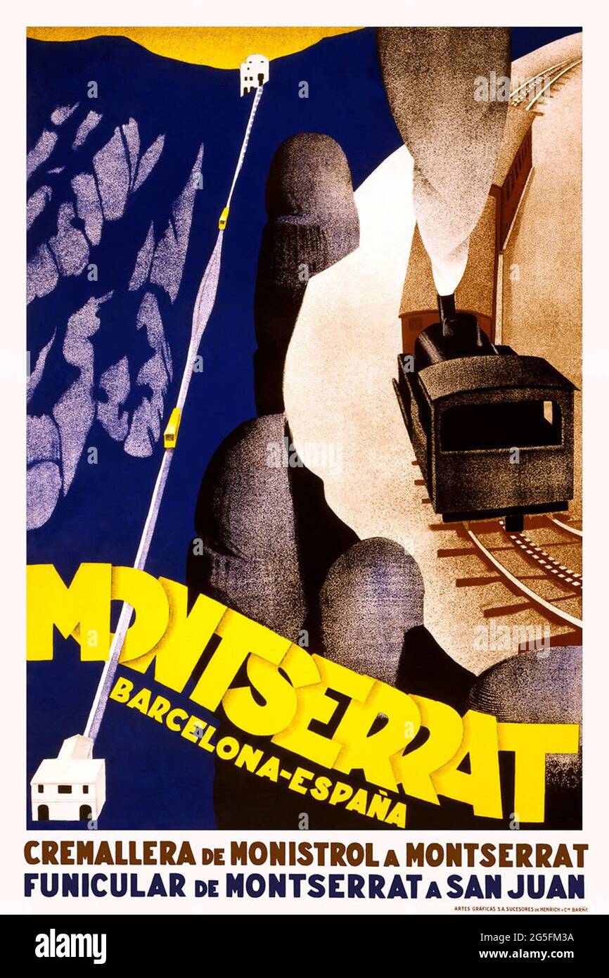 A vintage travel poster for the Montserrat funicular railway at San Juan near Barcelona, Spain Stock Photo