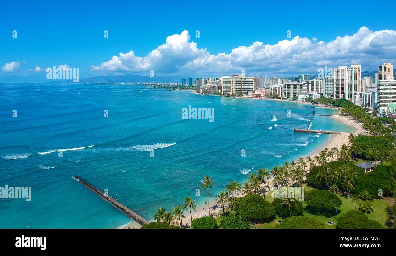 panorama Aerial drone view of Waikiki Beach Honolulu Hawaii USA hotels ...