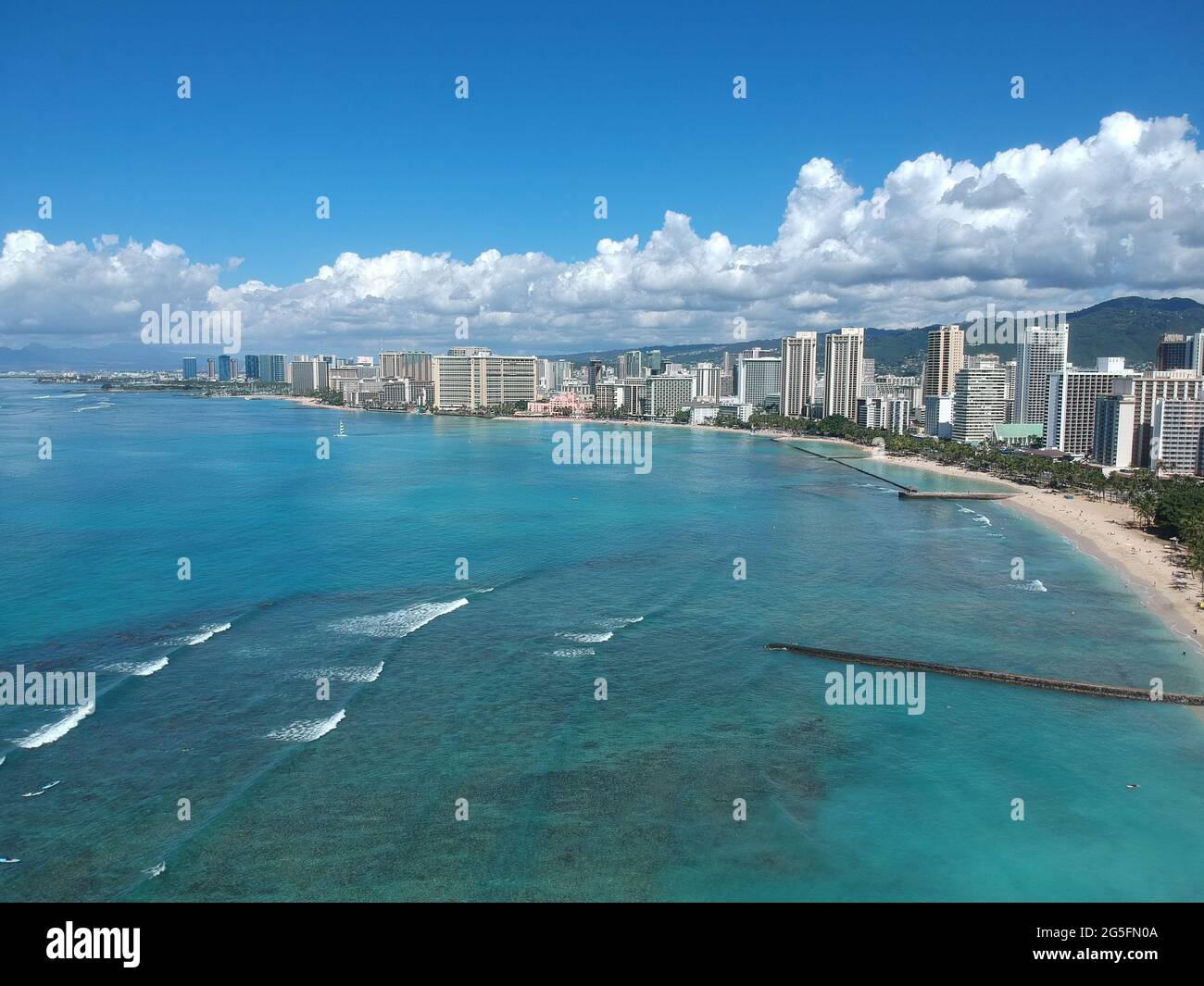 panorama Aerial drone view of Waikiki Beach Honolulu Hawaii USA hotels ...