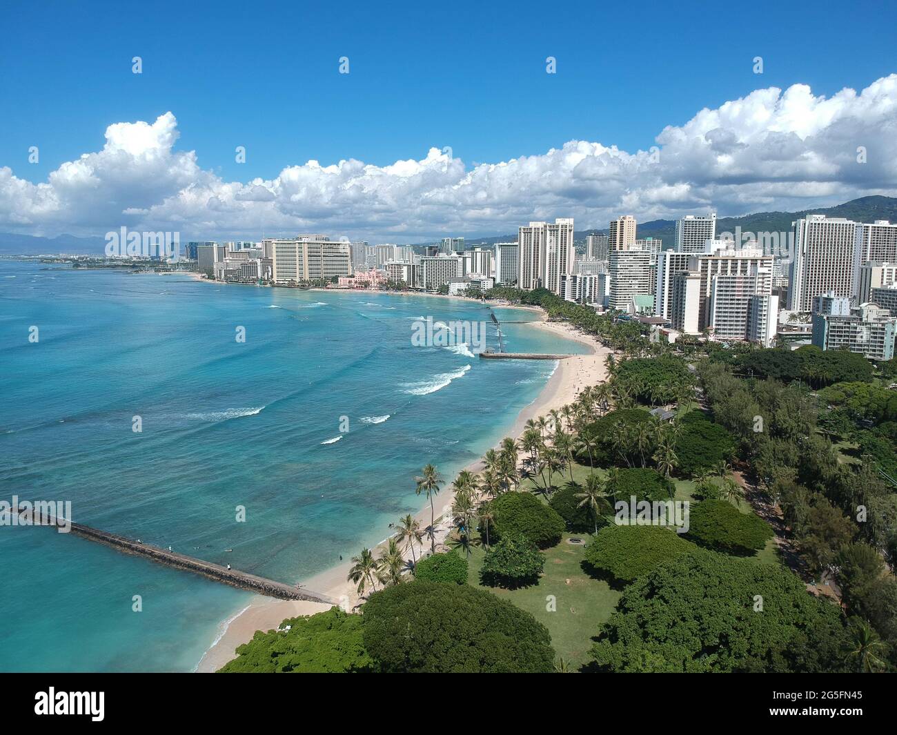 panorama Aerial drone view of Waikiki Beach Honolulu Hawaii USA hotels ...