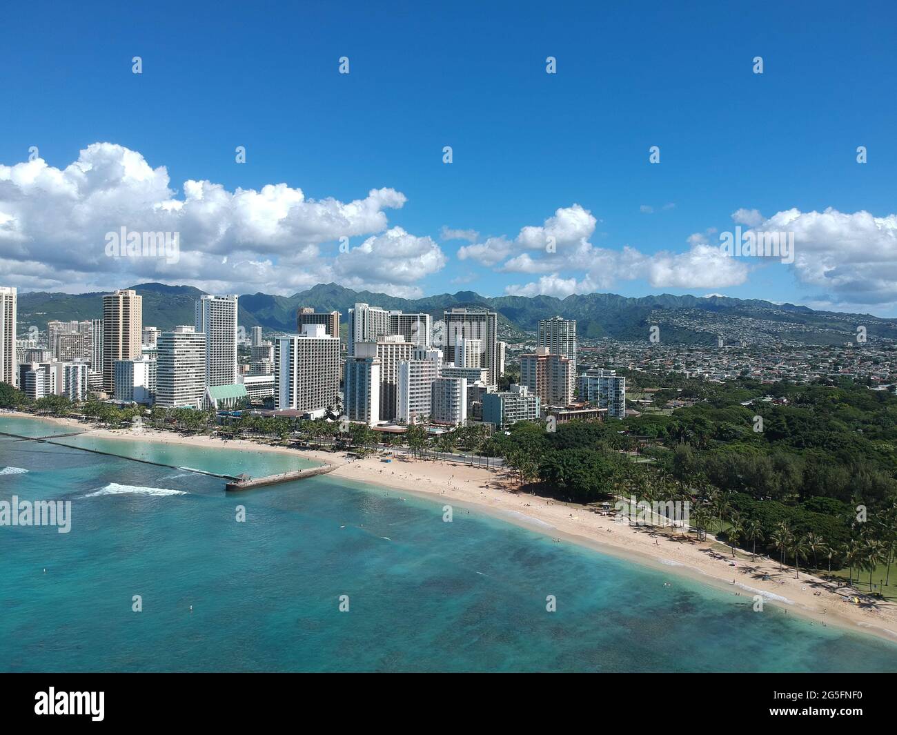 panorama Aerial drone view of Waikiki Beach Honolulu Hawaii USA hotels ...