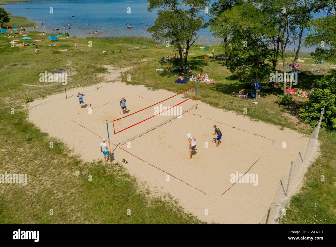 Shatsk- UkraineJuly 25, 2020: Undefined players in action during the Hellenic  championship Beach Volley Masters 2020. Aerial shot Stock Photo - Alamy