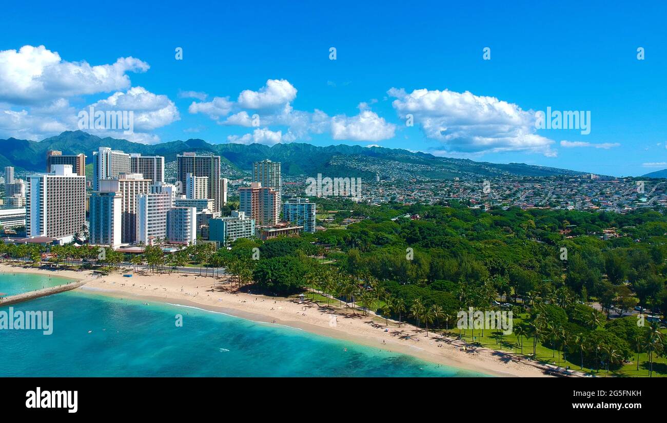 panorama Aerial drone view of Waikiki Beach Honolulu Hawaii USA hotels ...