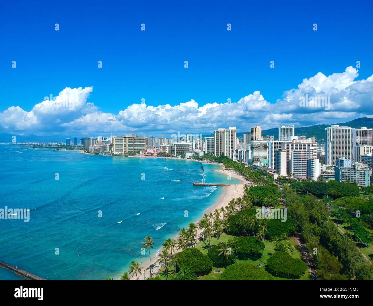 panorama Aerial drone view of Waikiki Beach Honolulu Hawaii USA hotels ...