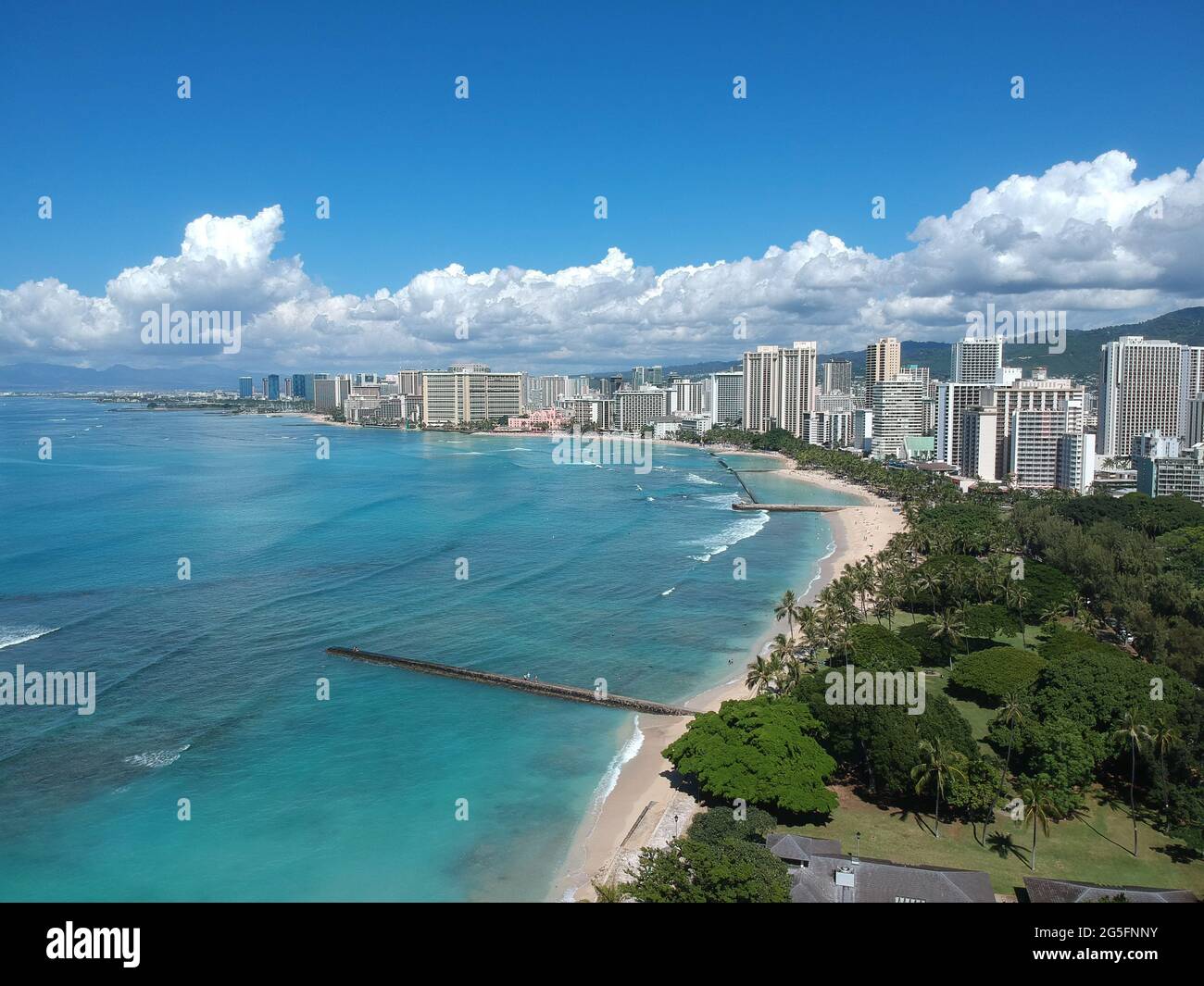 panorama Aerial drone view of Waikiki Beach Honolulu Hawaii USA hotels ...