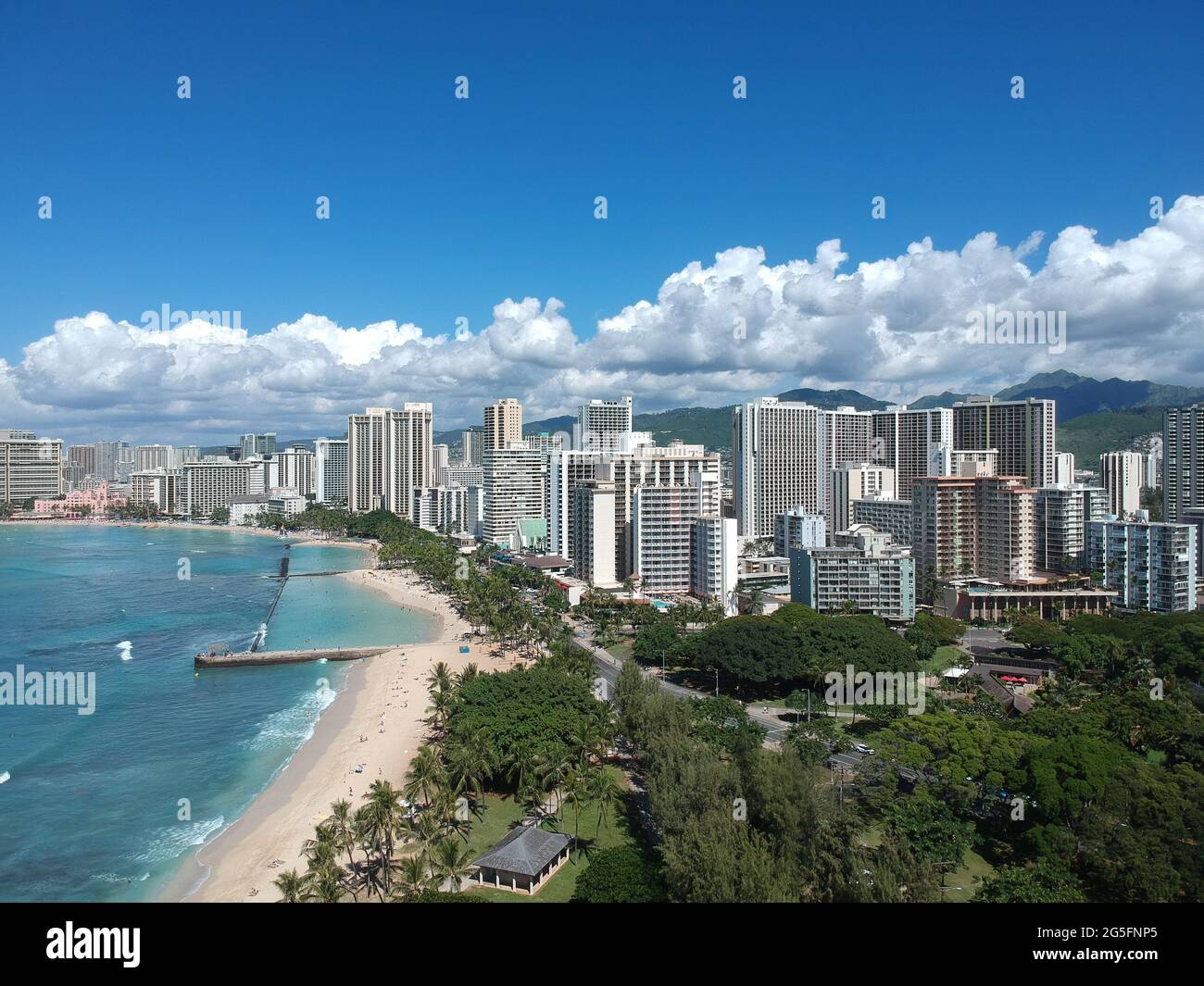 panorama Aerial drone view of Waikiki Beach Honolulu Hawaii USA hotels ...