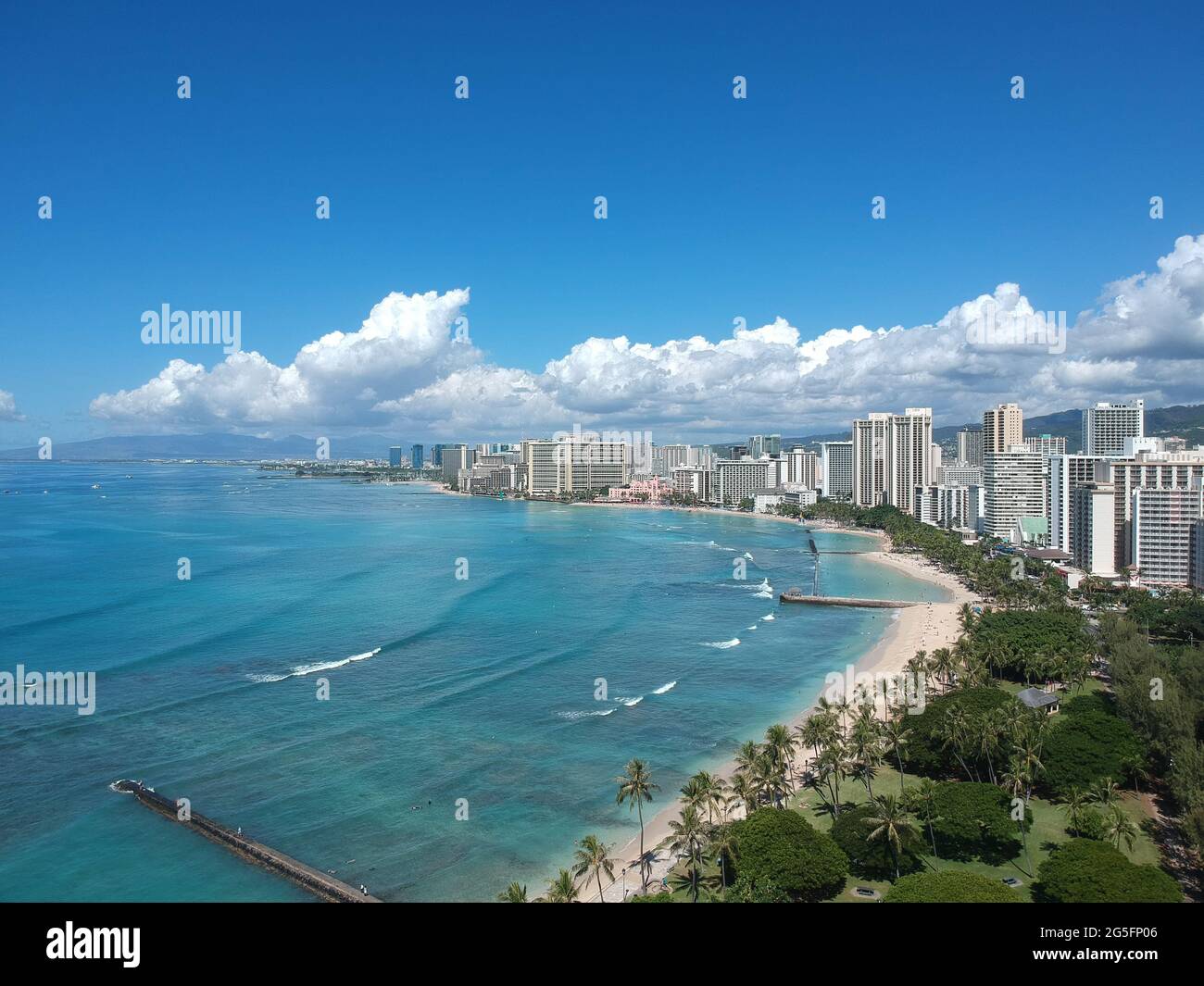 panorama Aerial drone view of Waikiki Beach Honolulu Hawaii USA hotels ...