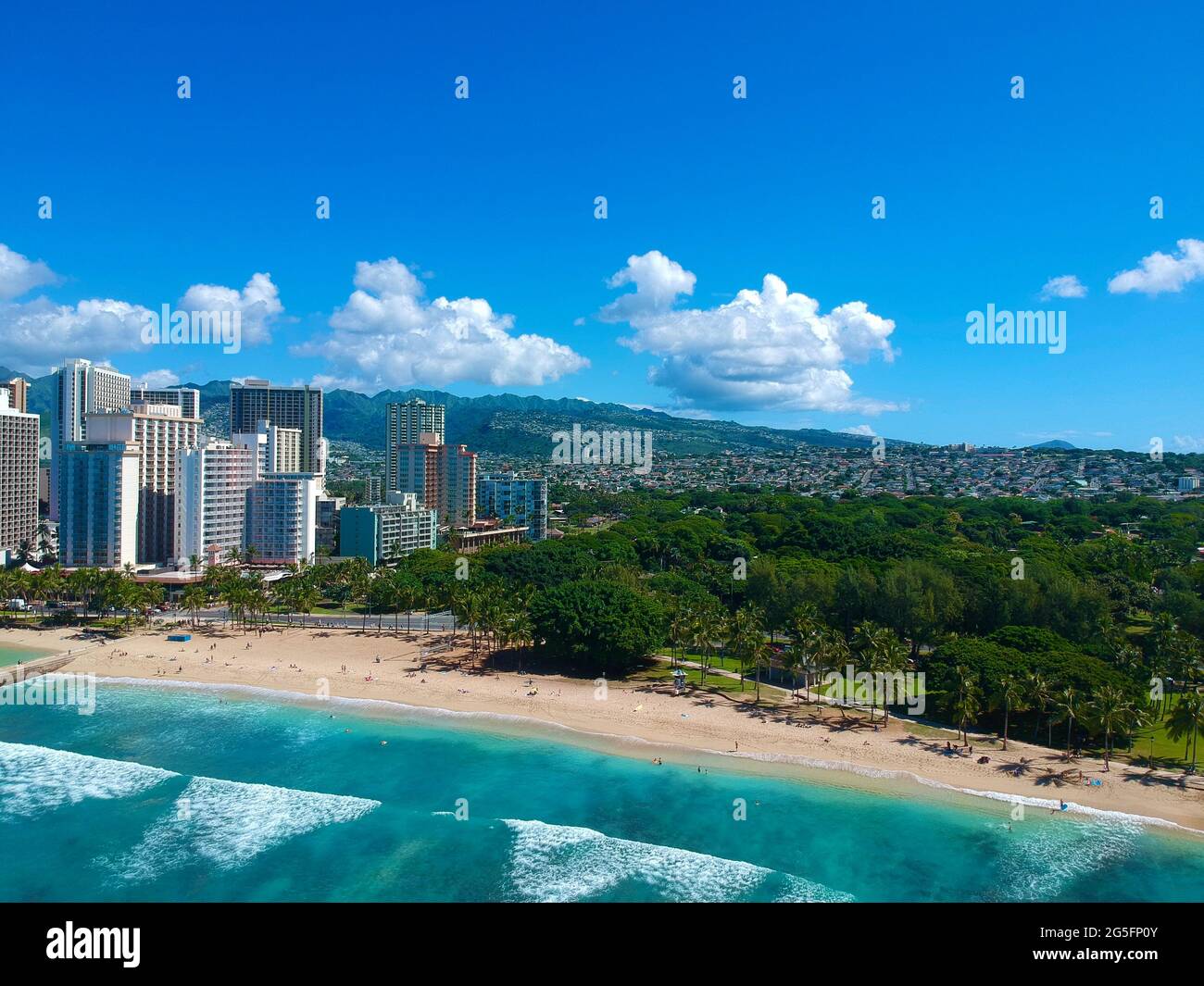 panorama Aerial drone view of Waikiki Beach Honolulu Hawaii USA hotels ...