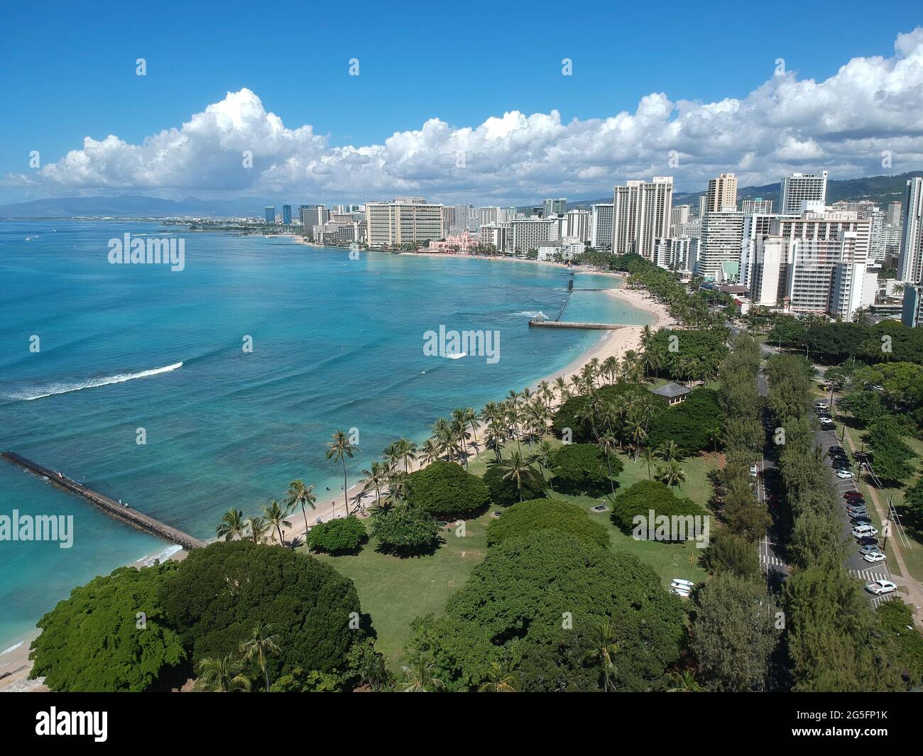 panorama Aerial drone view of Waikiki Beach Honolulu Hawaii USA hotels ...
