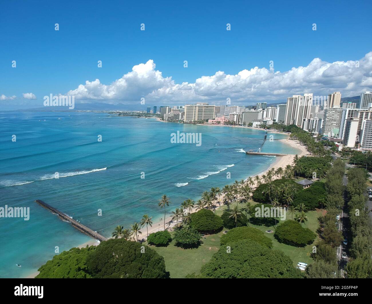 panorama Aerial drone view of Waikiki Beach Honolulu Hawaii USA hotels ...