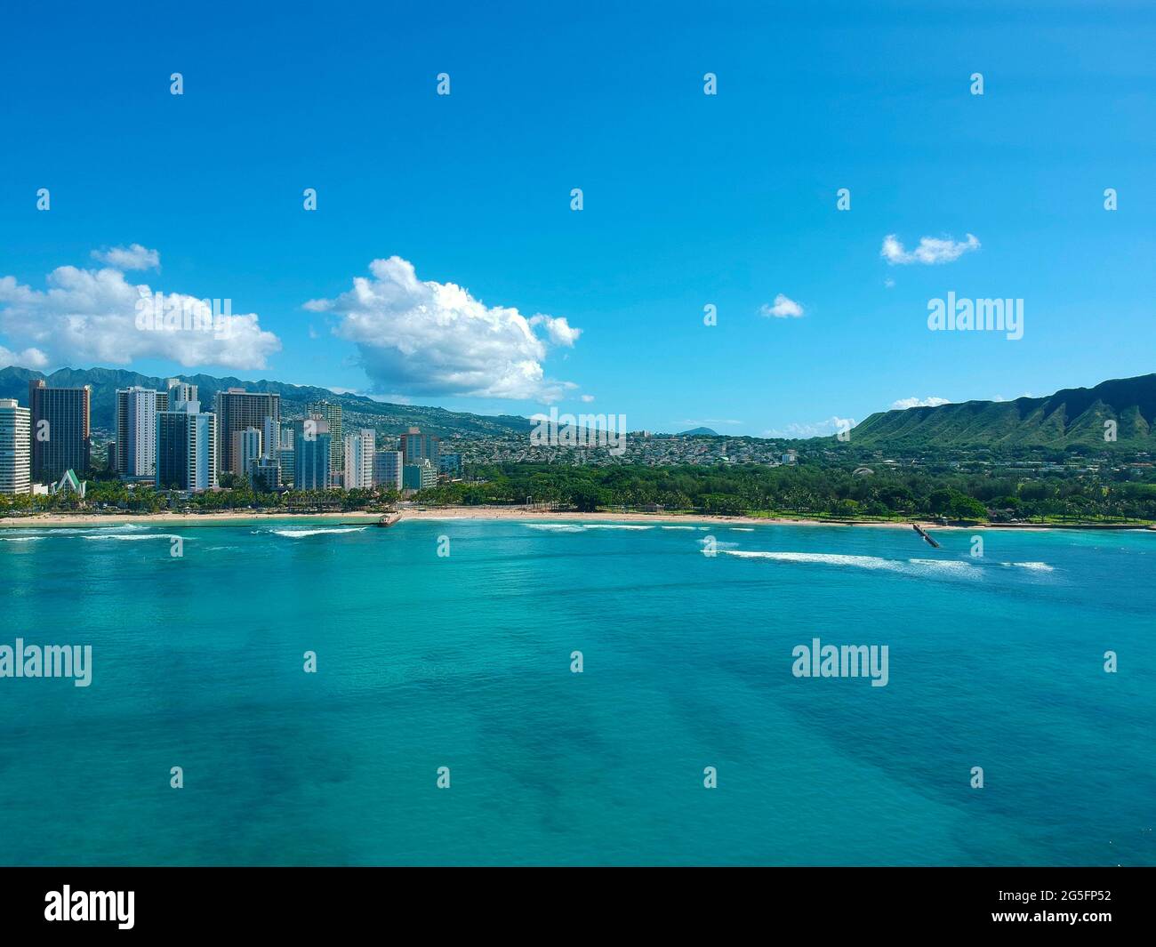 panorama Aerial drone view of Waikiki Beach Honolulu Hawaii USA hotels ...