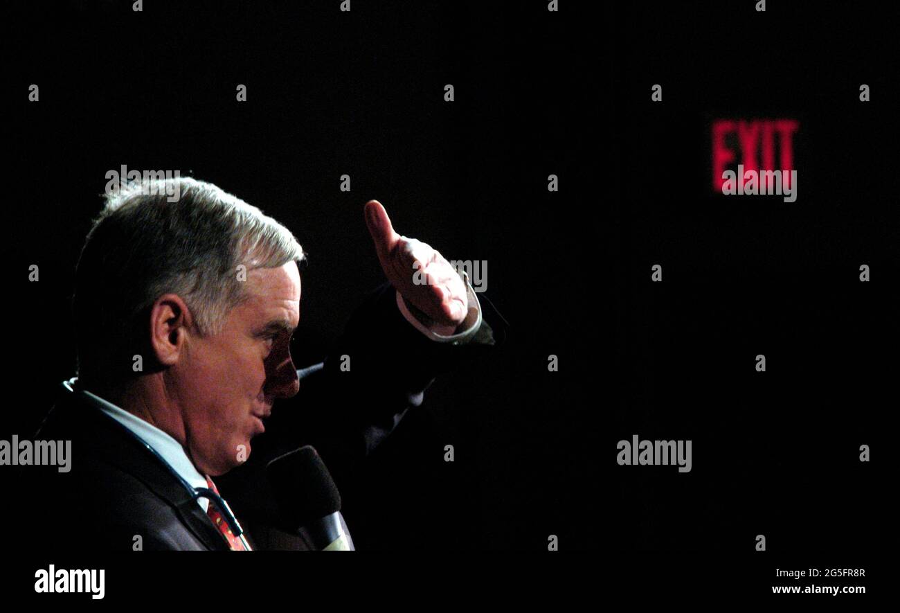 An exit sign is glowing in the background as Presidential Candidate Howard Dean (D-Vt) holds a speach at a rally at Palace Theater in Manchester. Stock Photo