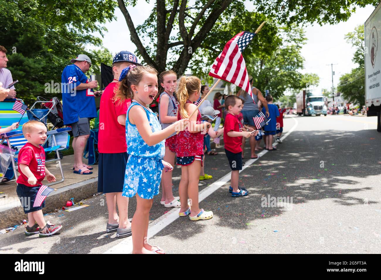 Crowd of children watching the 2021 Braintree 4th of July Parade Stock