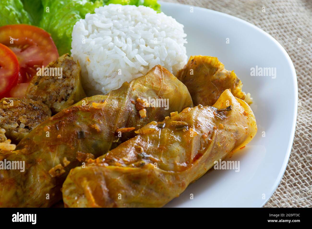 Arabic food. Appetizing cabbage rolls with rice and ground beef Stock