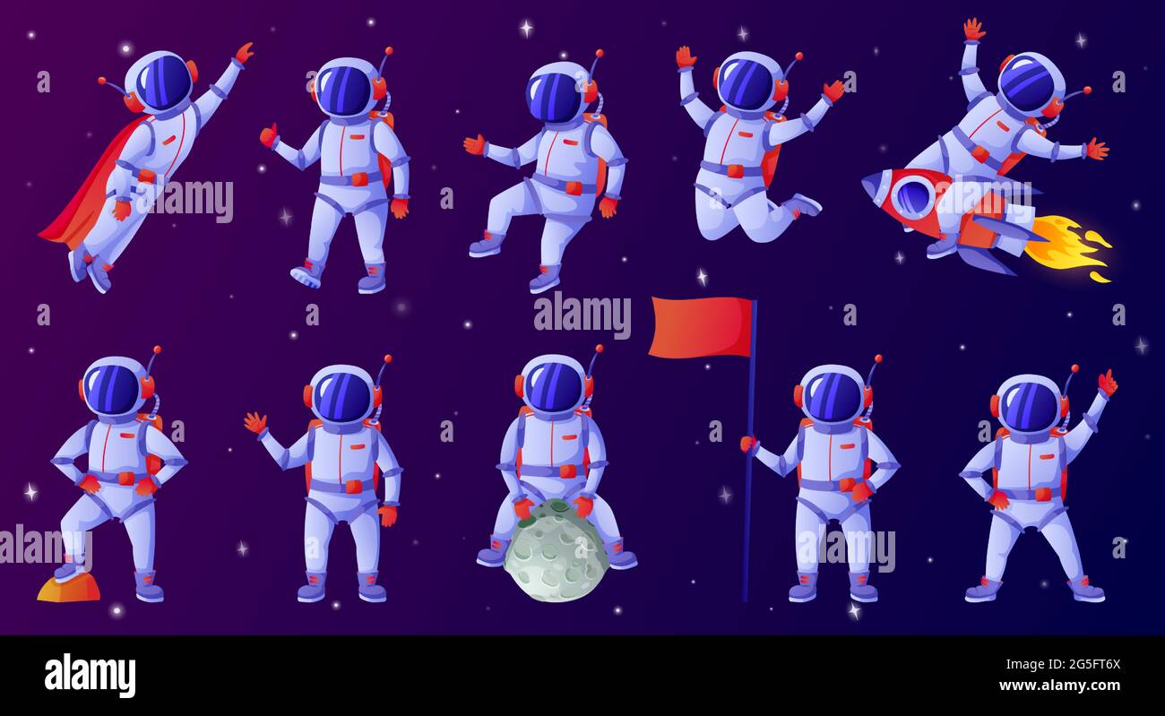 Cartoon astronaut. Cosmonaut waving hand, holding flag, dancing, sitting on moon, riding rocket. Spaceman in outer space vector set. Person exploring cosmos or universe in different positions Stock Vector