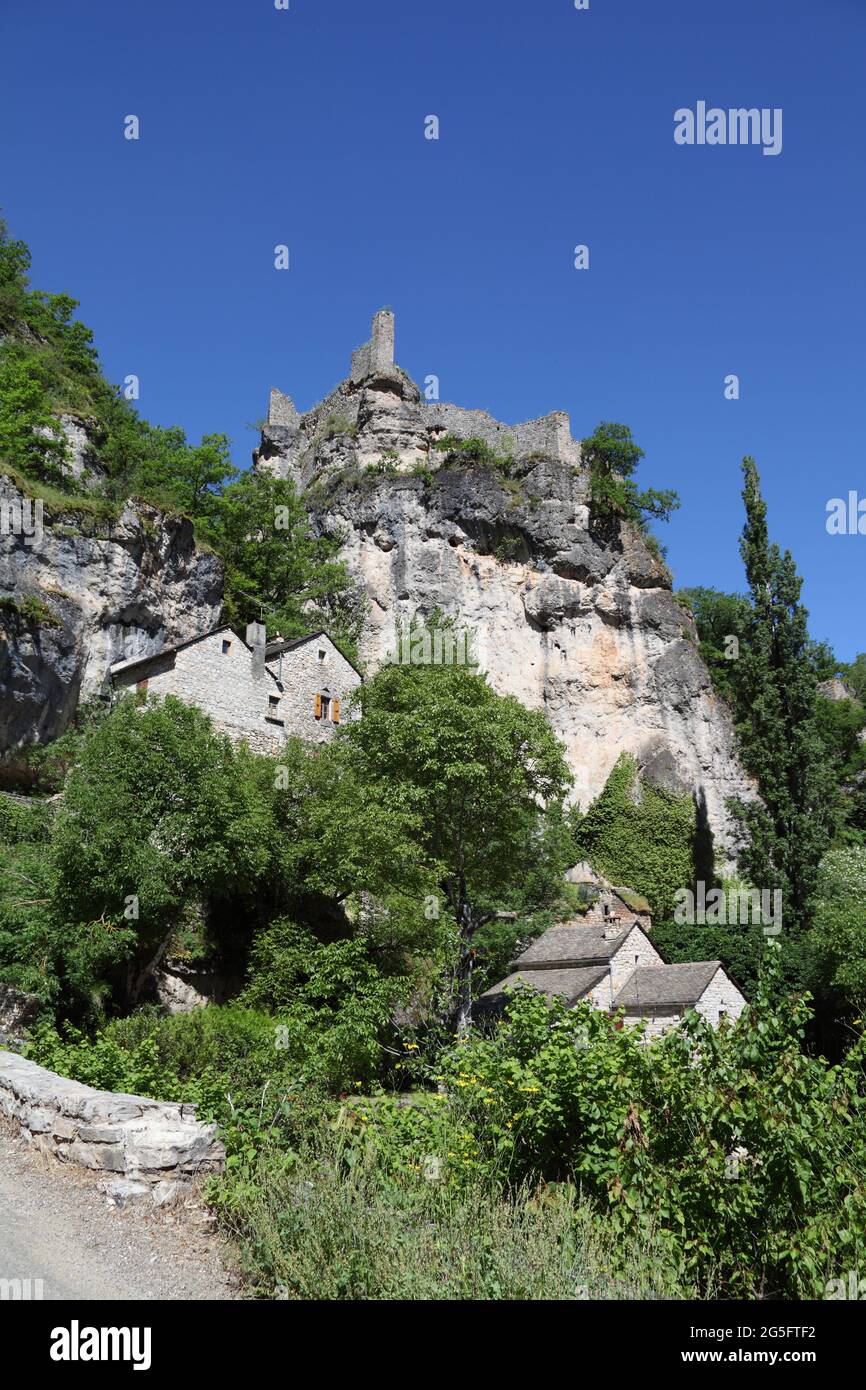 Medieval ruined castle of Castelbouc, Gorges du Tarn Causses, St Enimie, Lozere, Cevennes, France Stock Photo