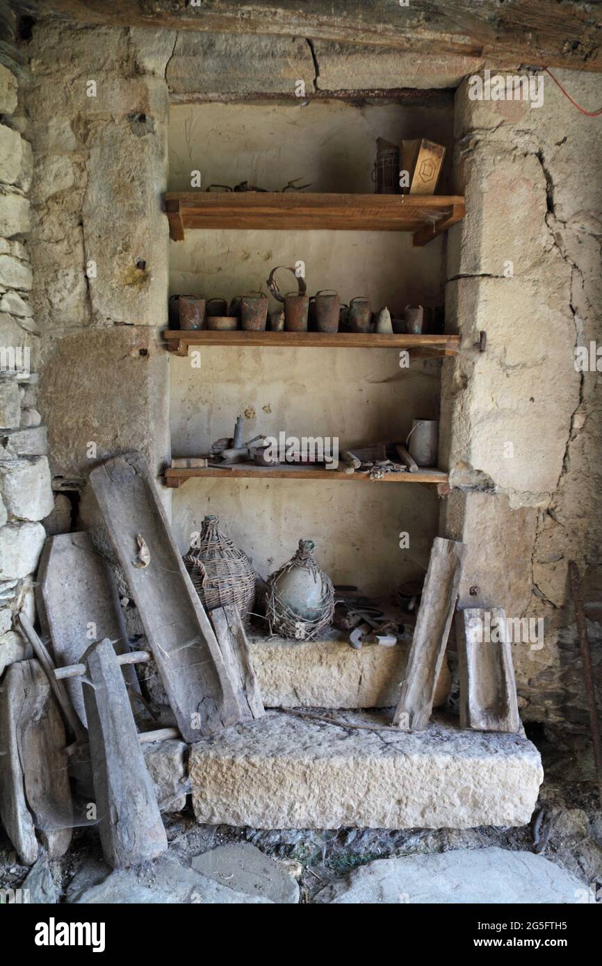 Rustic farm equipment, near Florac, Lozere, Cevennes, Occitania, France Stock Photo