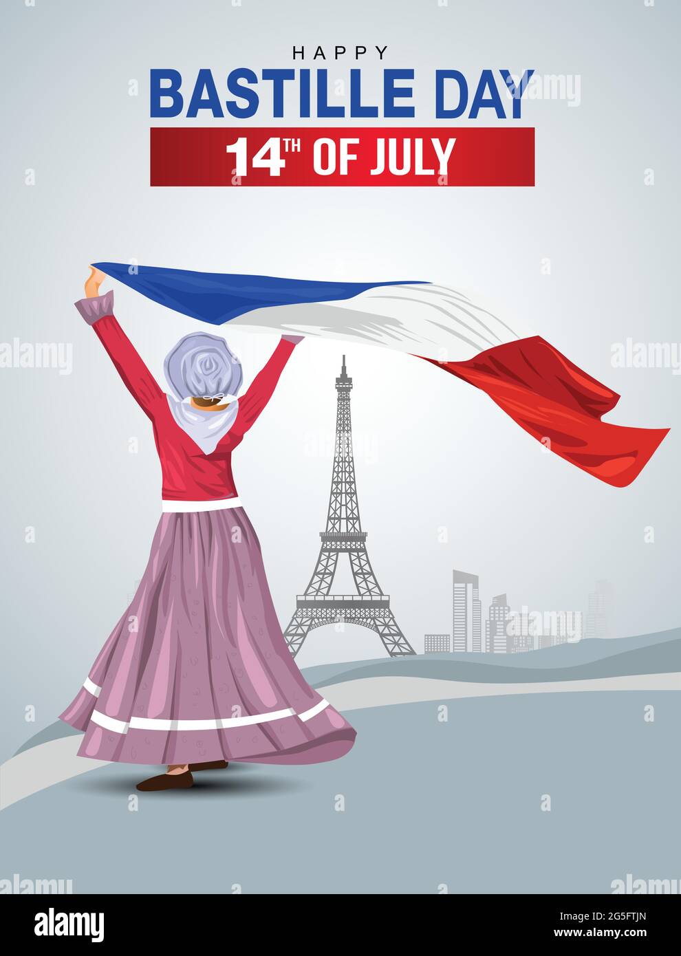 happy bastille day France 14th of July, girl holding with French flag. vector illustration. greeting card design Stock Vector