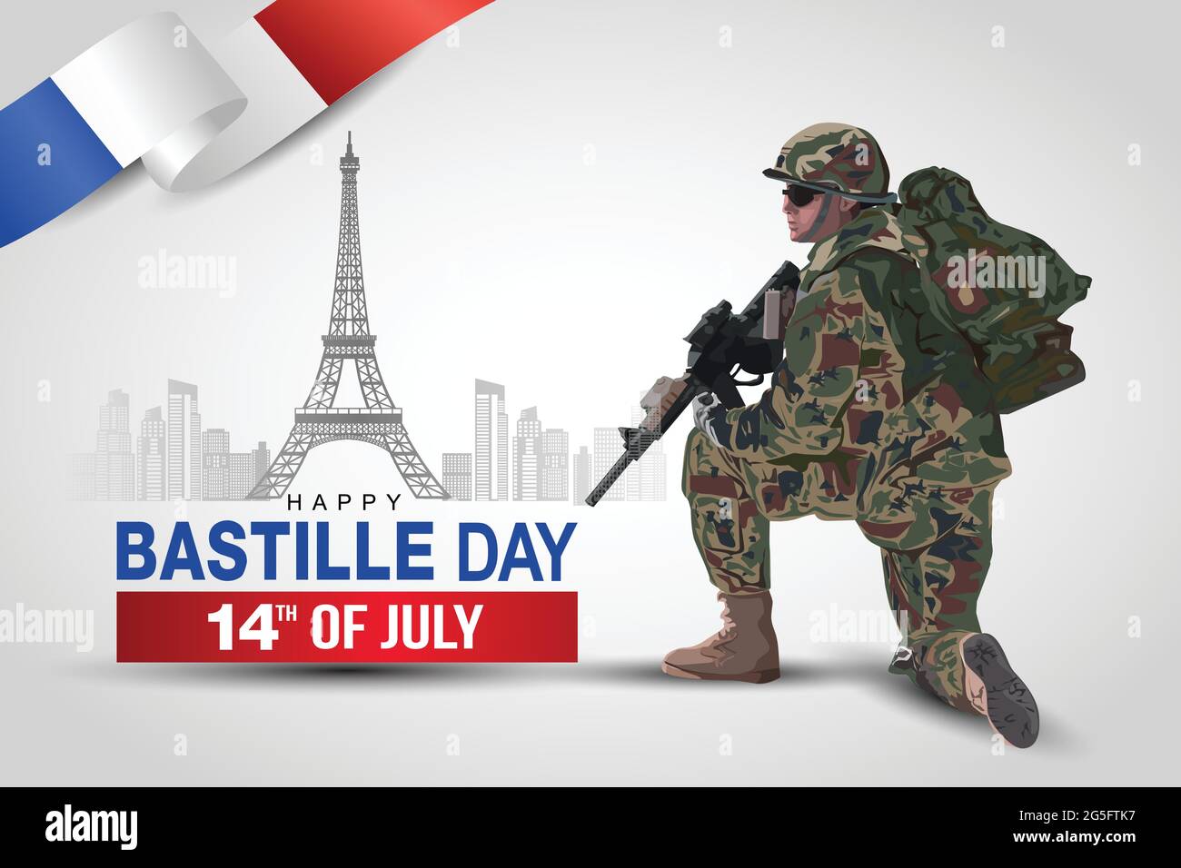 illustration of 14th of July background for Happy bastille day. a soldier with gun and flag. Vector illustration design. Stock Vector