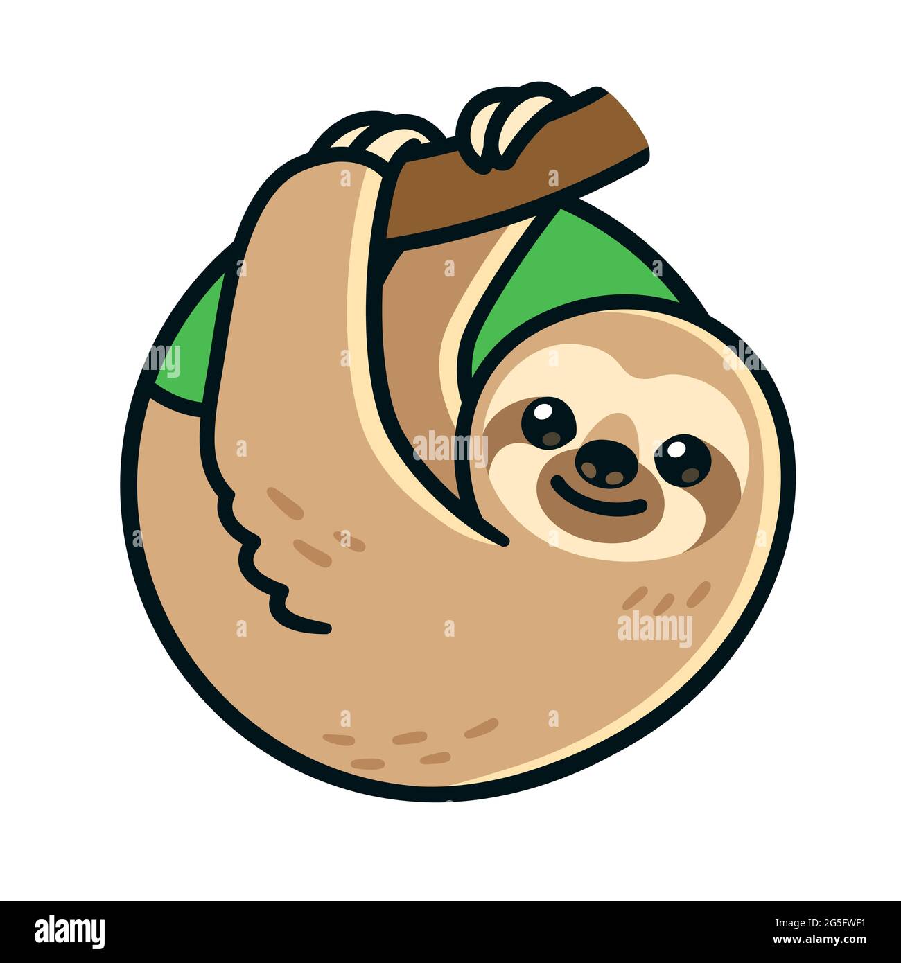 Cute cartoon sloth hanging on branch in circle logo. Vector clip art illustration. Stock Vector
