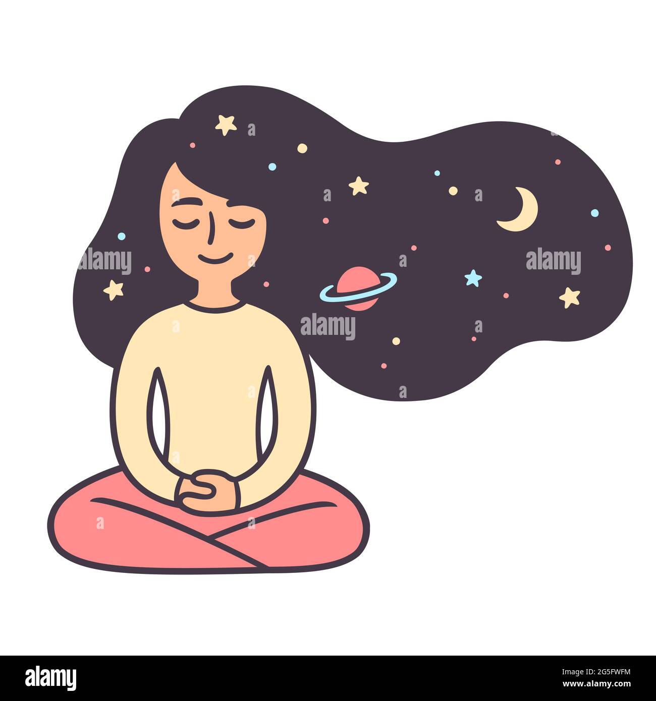Young woman meditating with stars and space hair. Relaxation meditation for good night sleep. Cute girl doodle drawing, vector illustration. Stock Vector