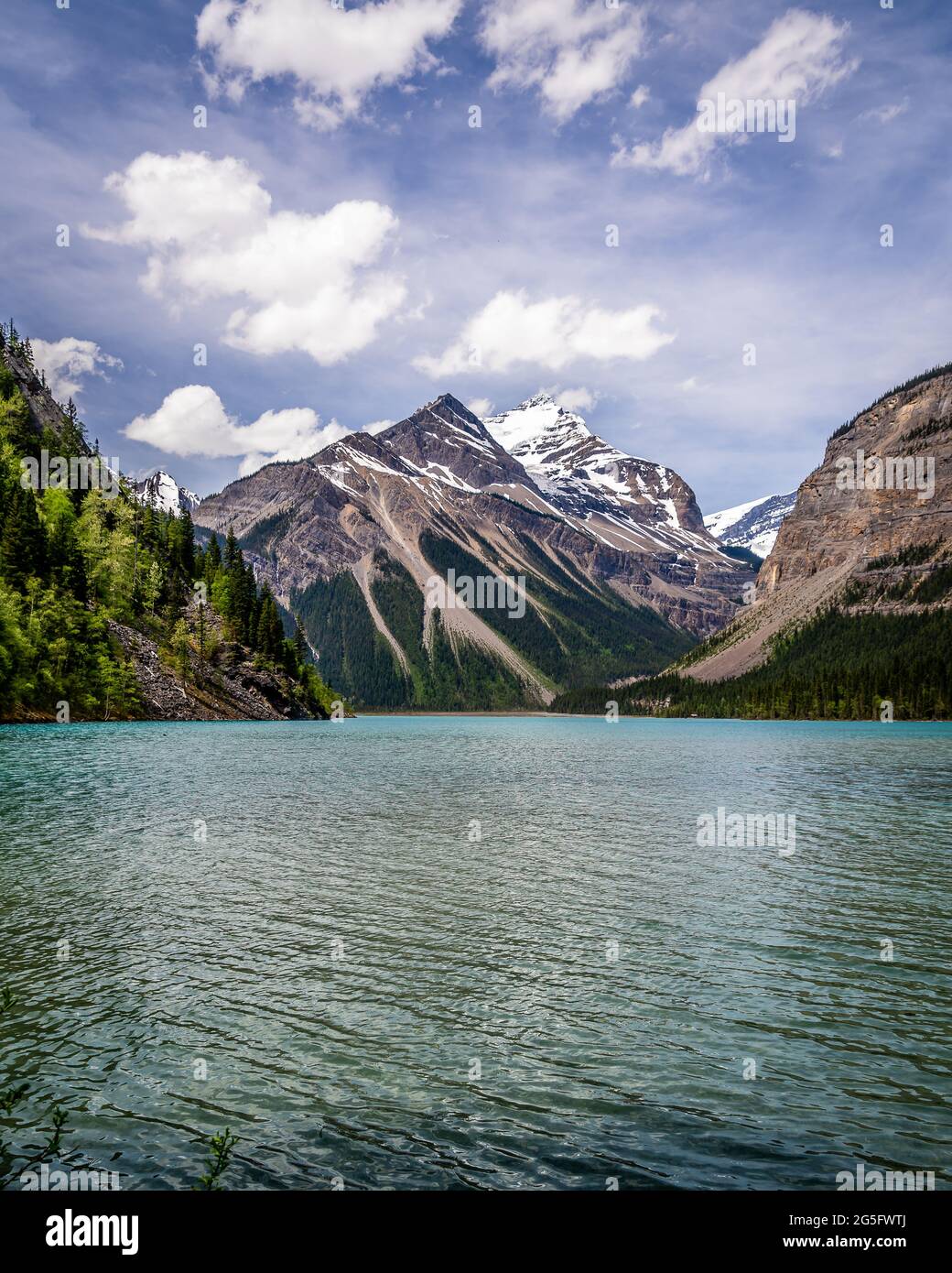 The turquoise water of Kinney Lake in Robson Provincial Park in the Canadian Rockies in British Columbia, Canada. Whitehorn Mountain and Cinnamon Peak Stock Photo