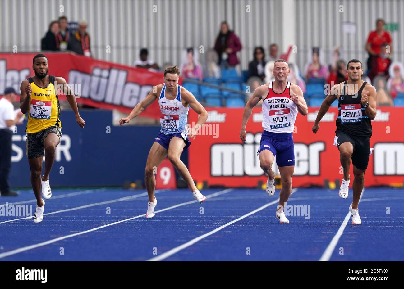 Great Britain's Andrew Morgan-Harrison (second left) pulls a hamstring in the men's 200m final during day three of the Muller British Athletics Championships at Manchester Regional Arena. Picture date: Sunday June 27, 2021. Stock Photo