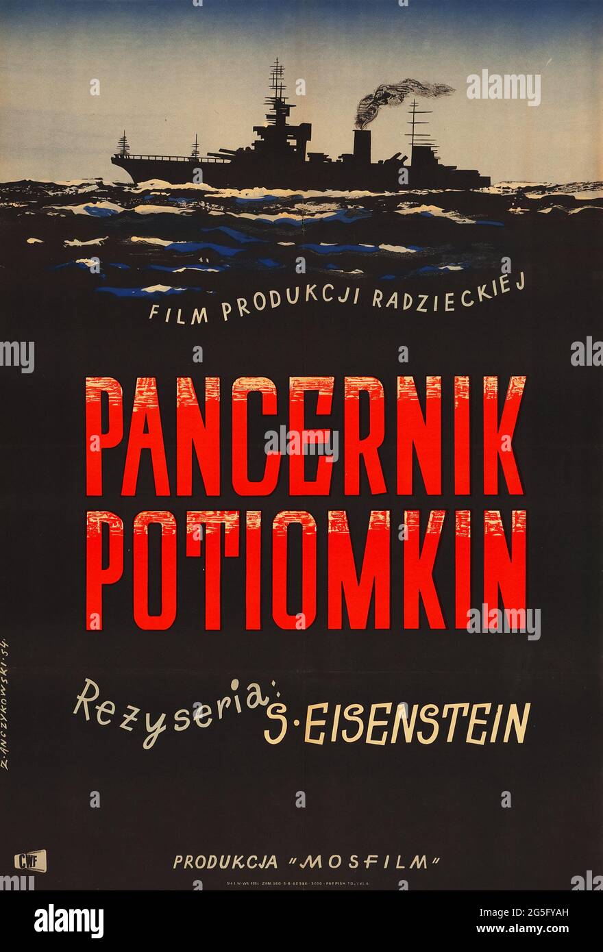 Battleship Potemkin. Polish. Russian director Sergei Eisenstein crafted his undisputed masterpiece. Movie poster. 1954. Stock Photo