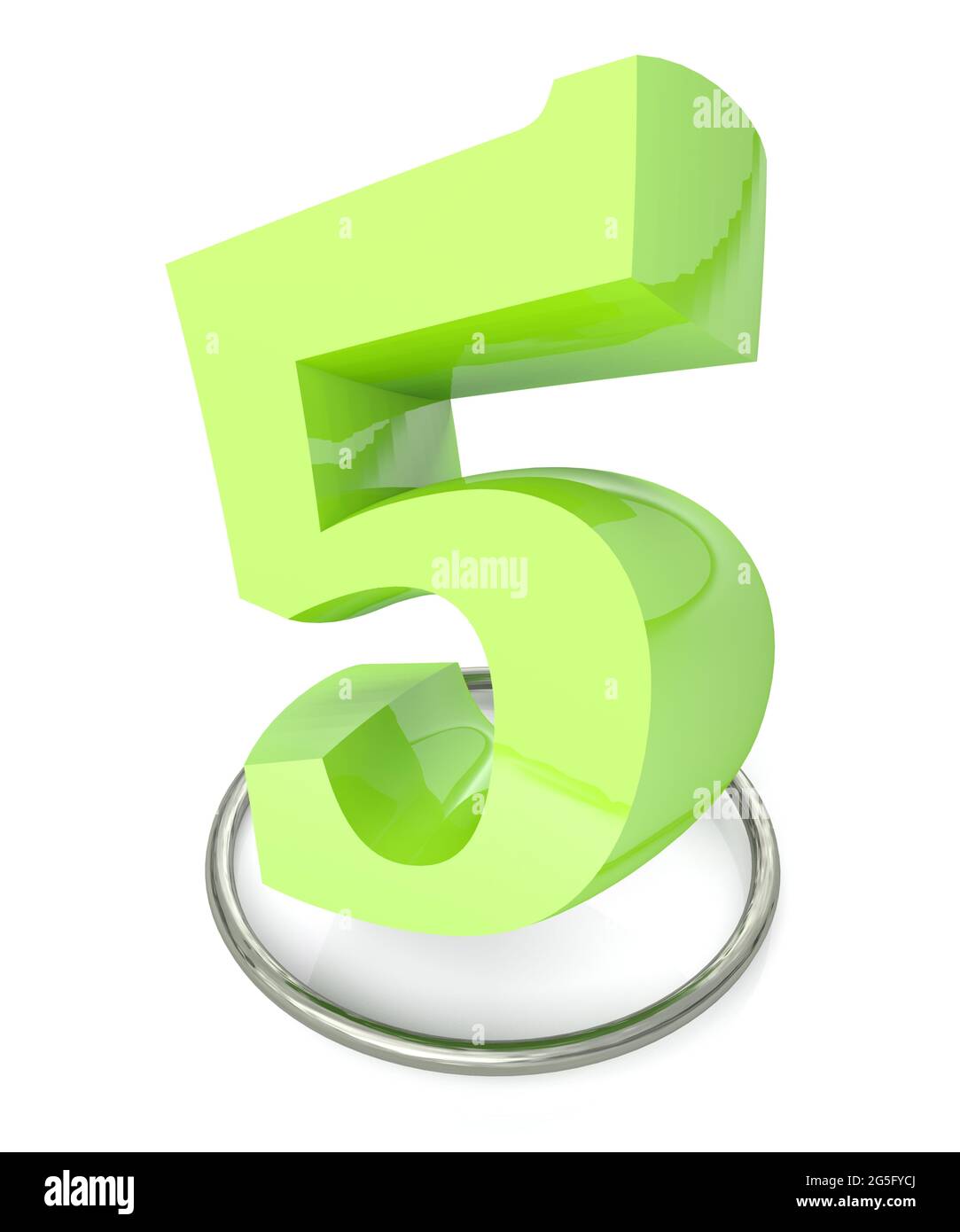 Number 5 green over metallic circle on white background - 3D rendering ...