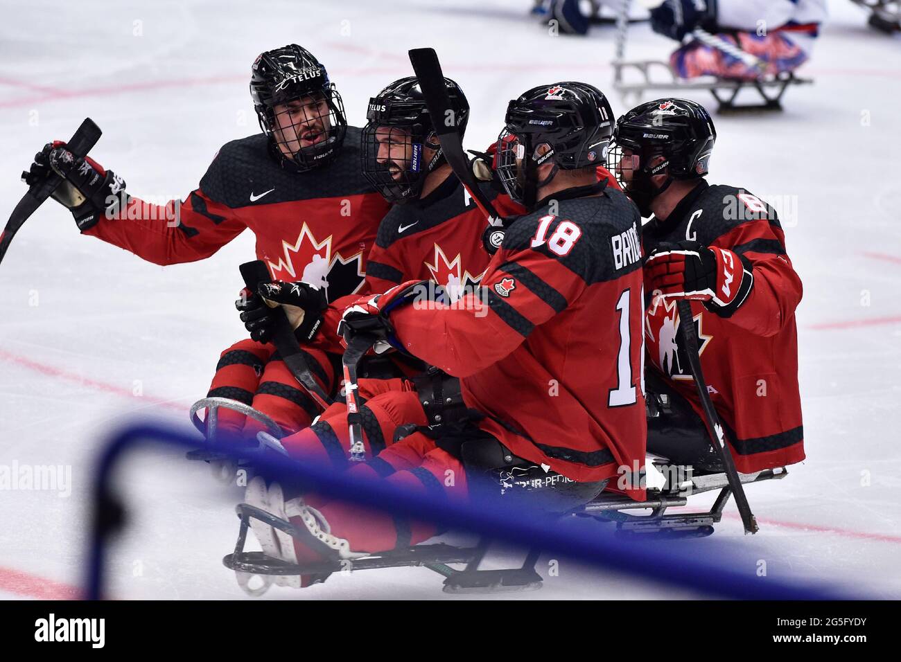 Canadian players celebrate a goal during the World Para Ice Hockey