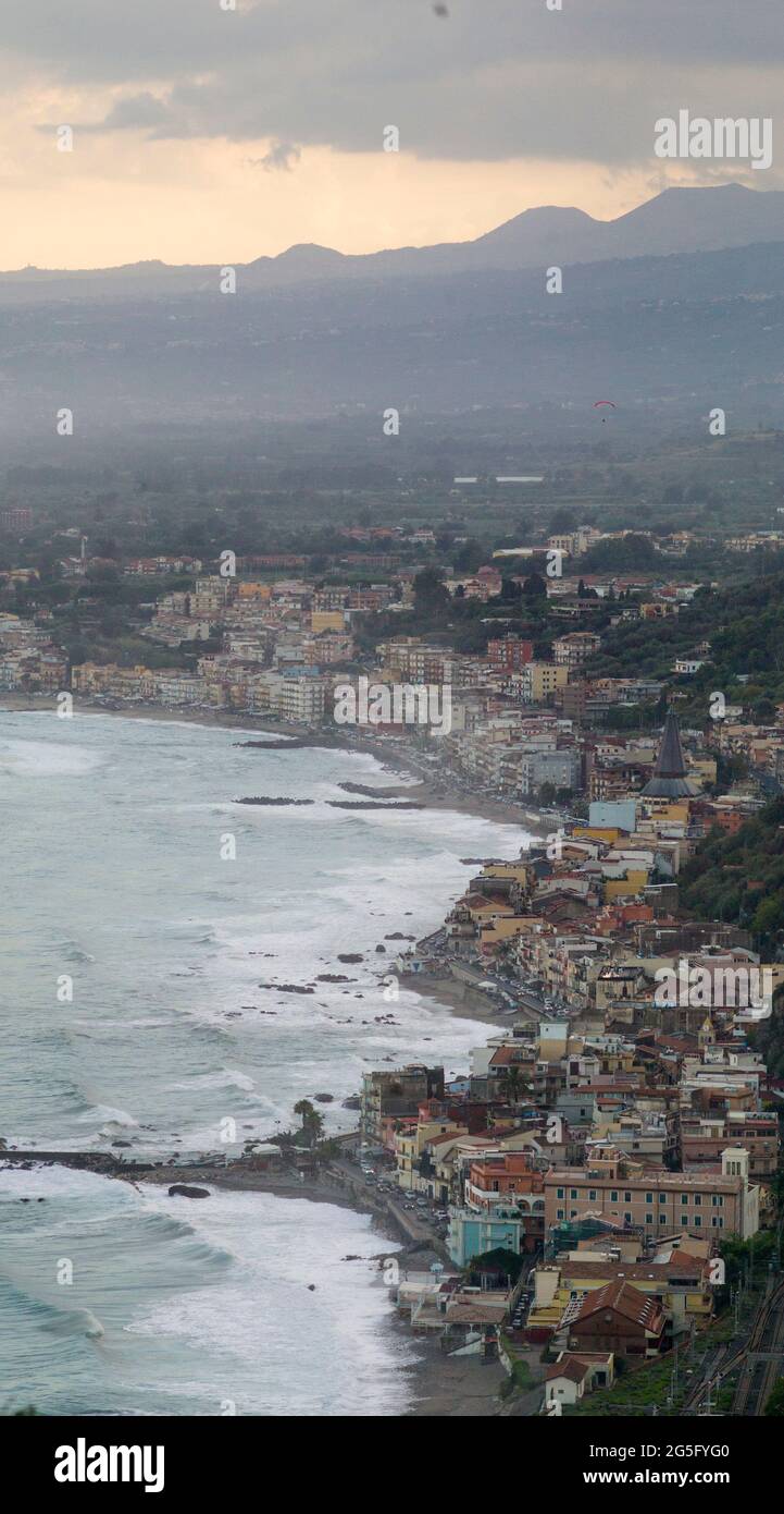 GIARDINI NAXOS, SICILY, ITALY - OCTOBER 5 2018 : View of Giardini Naxos seen from Taormina. Stock Photo