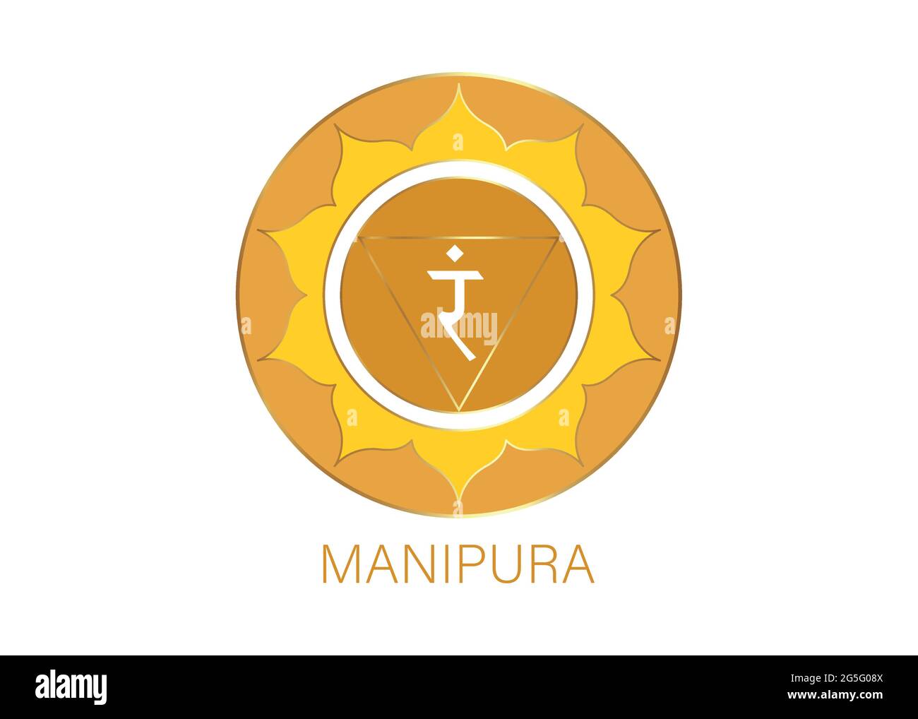 Manipura, solar plexus chakra symbol. Yellow logo template, colorful mandala. Spiritual meditation element vector illustration isolated on white backg Stock Vector