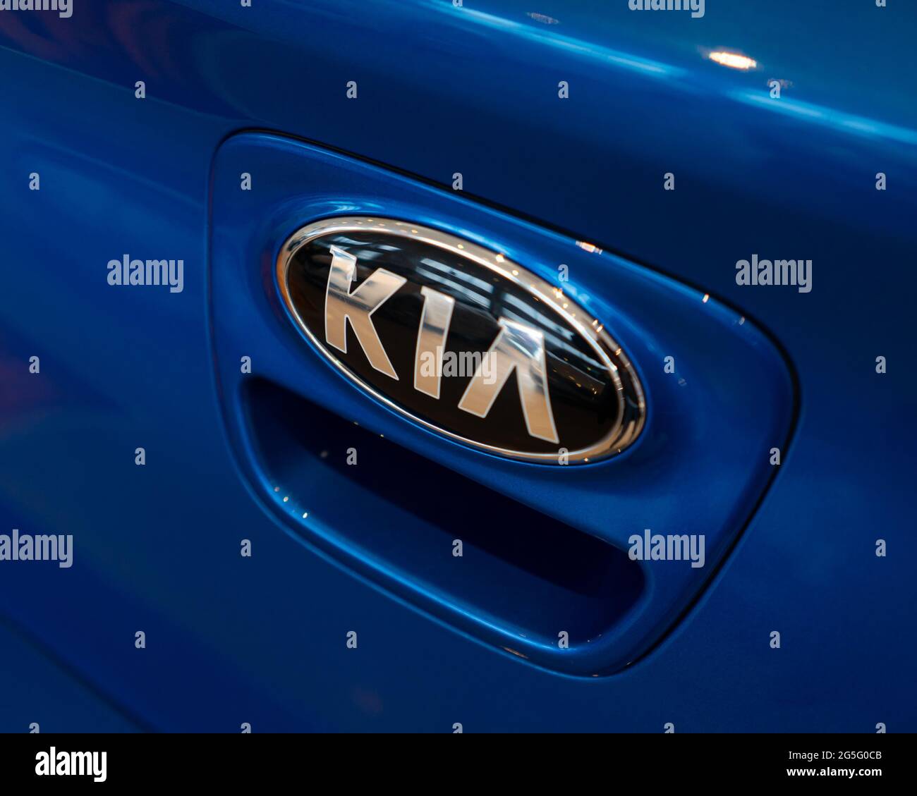 Istanbul, Turkiye - April 2021:close up of KIA Logo on Car Stock Photo