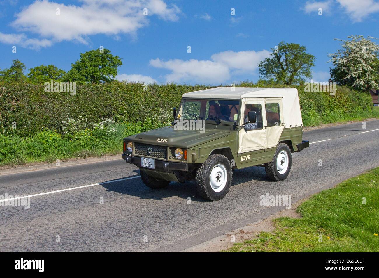 ILTIS 1979 70s 1970s VW Volkswagen 1714cc petrol canvas covered open top SUV, Type 183, Iltis, German polecat, military vehicle. en-route to Capesthorne Hall classic May car show, Cheshire, UK Stock Photo